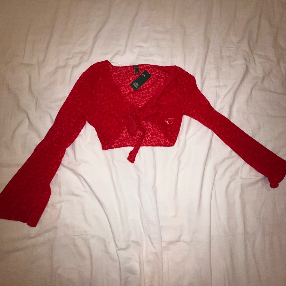 Long sleeve red crop top w/ tie in front